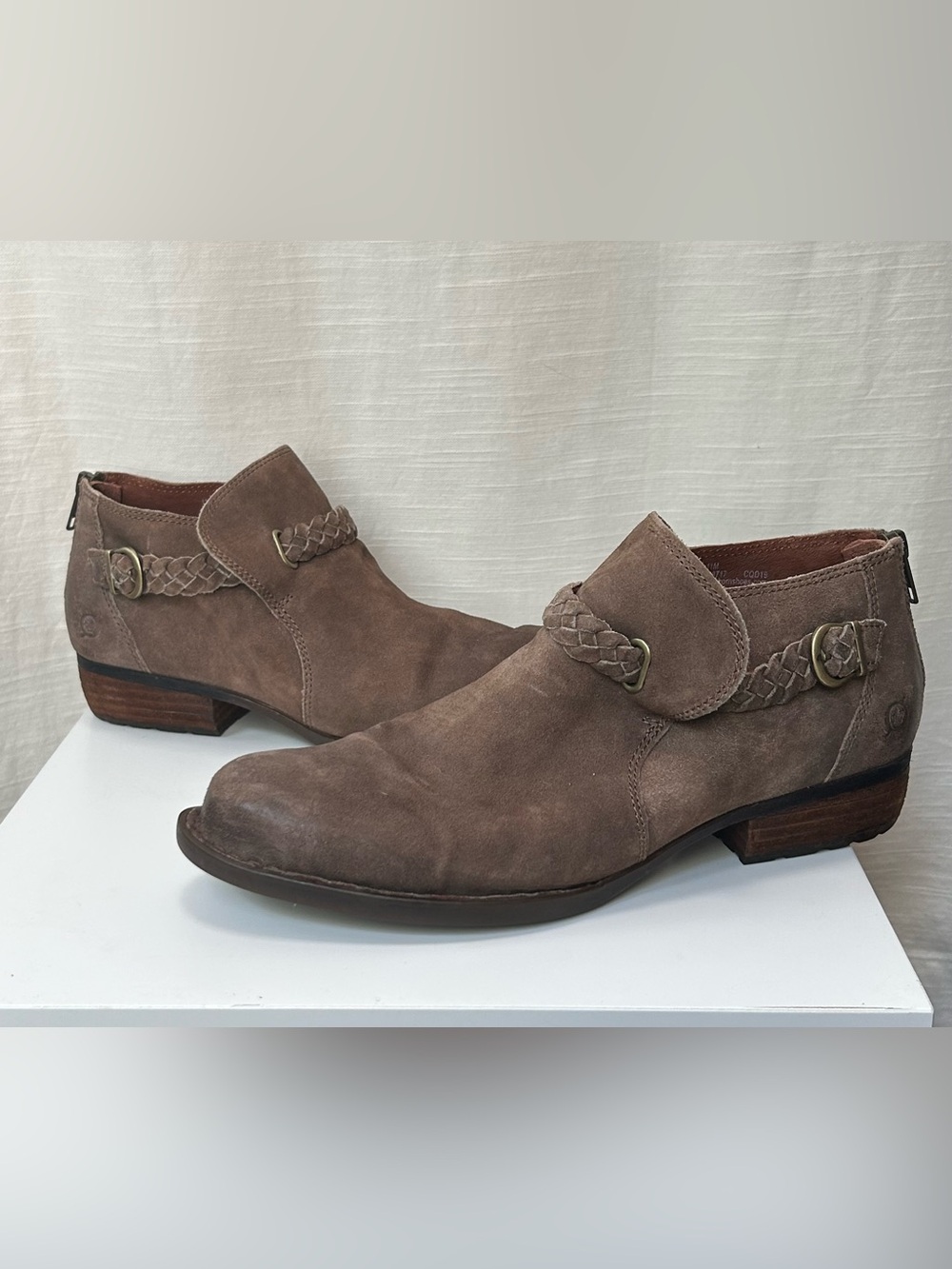 Born Sylvia Women's Brown‎ Suede Slip-On Ankle Boots w/Braided Strap  & Buckle